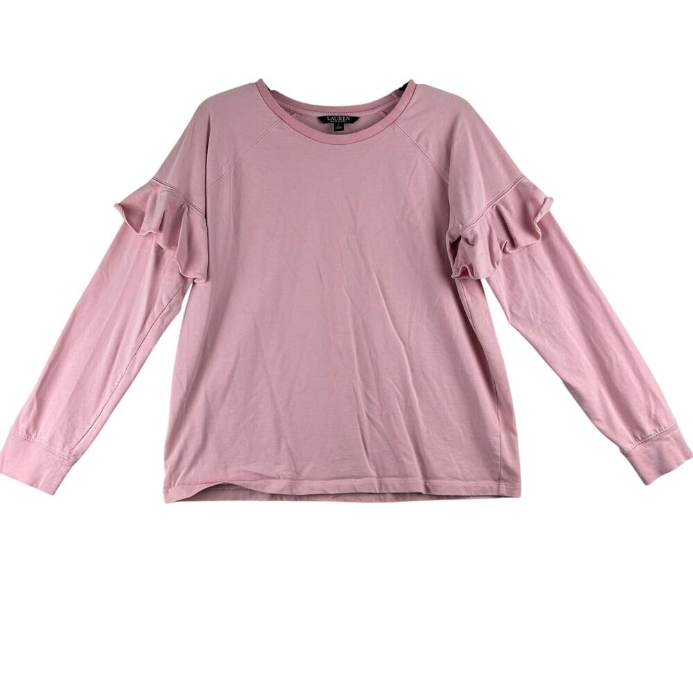 Ralph Lauren Long Sleeve Ruffle Sweater Women's Large Petal Pink 100% Cotton